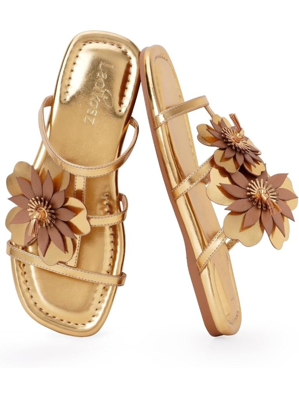 Women's Gold Open Toe Flower Square Toe Casual Outfit Flat Slide Sandal Shoes